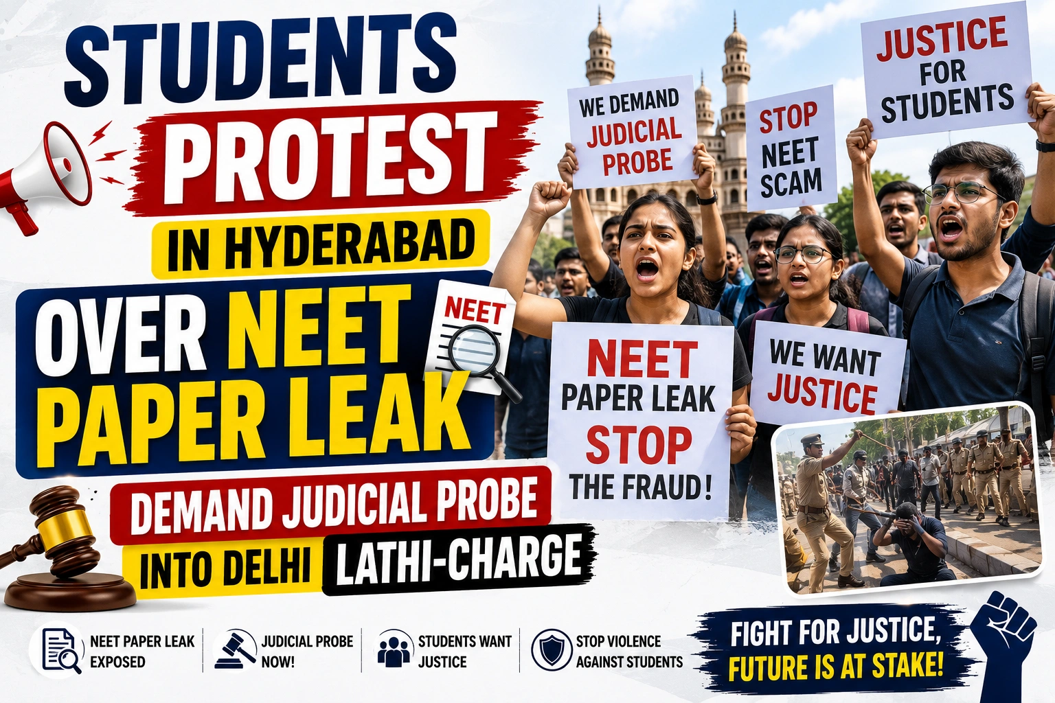 Students Protest in Hyderabad Over NEET Paper Leak, Demand Judicial Probe into Delhi Lathi-Charge